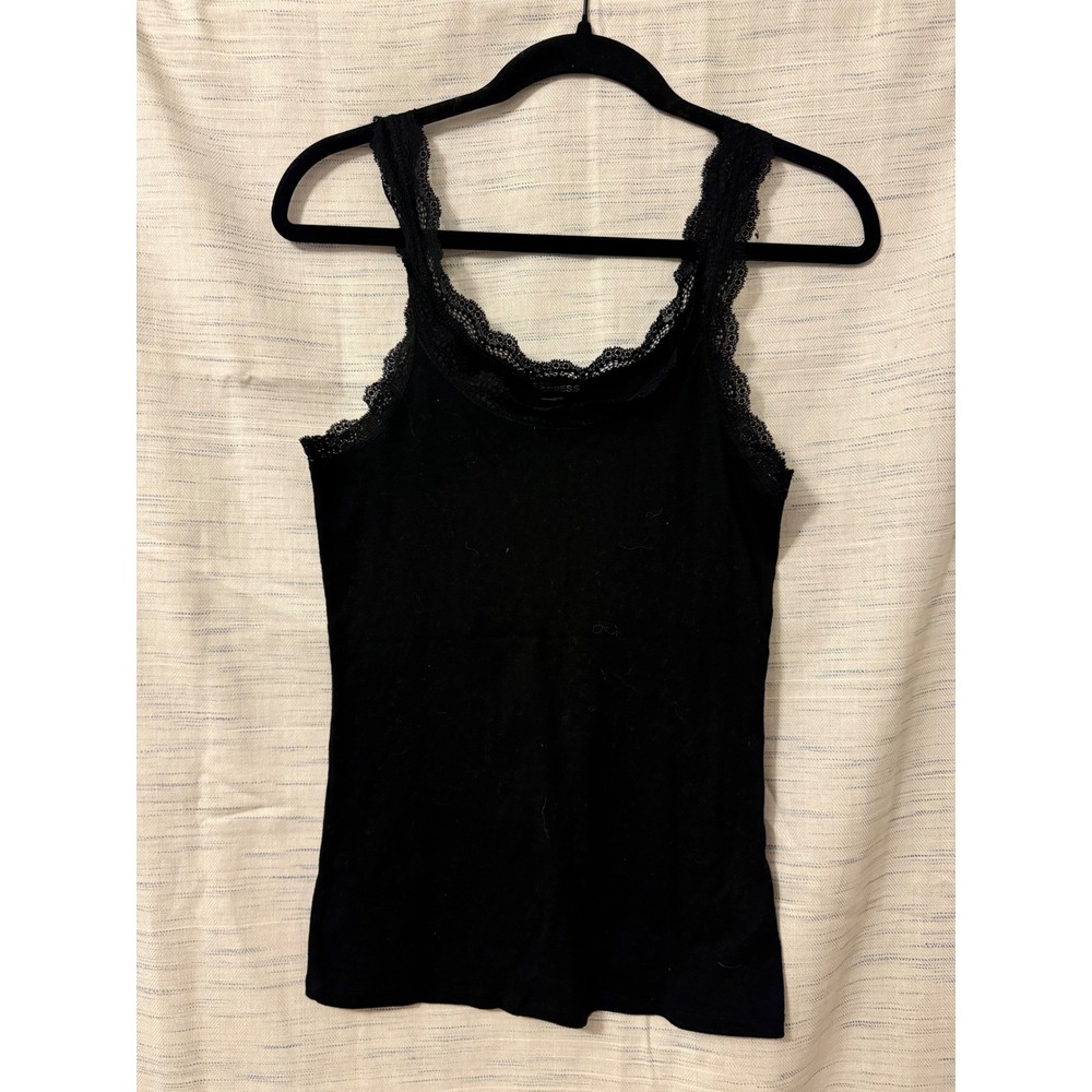Express Black Ribbed Lace Trim Tank Top Scoop Neck Sleeveless Cami Small